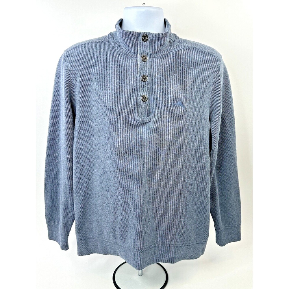 Tommy Bahama Sweater Mens Medium Blue 1/4 Snap Up Pullover Ribbed